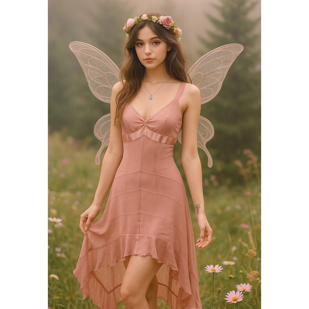Ethereal Y2K 100% Silk Fairy Romantic Babydoll Formal Midi Dress Pink Small